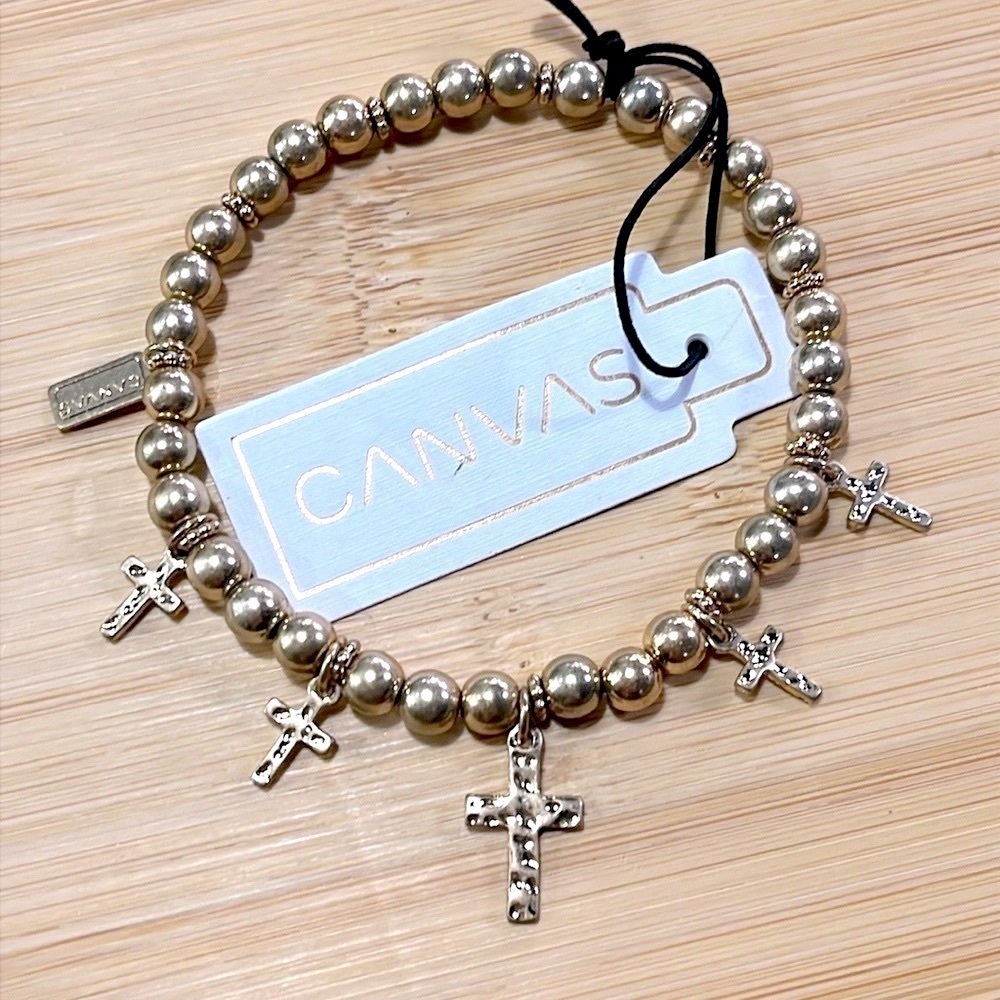 Brand New Canvas Antique Gold Tone Cross Charm Bracelet Beaded Stretch Christian